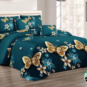 A blue and gold butterfly quilt set featuring a bedspread and matching pillow covers, suitable for Queen-King size beds