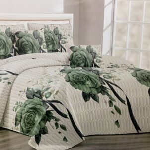 Five-piece quilt bedding set featuring a neutral green background with an emerald green floral centerpiece design. Includes two matching standard pillowcases and two continental pillowcases, all coordinating with the quilt's elegant green tones