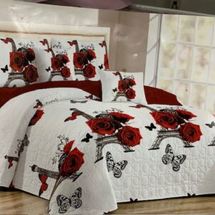 A 5-piece quilt set featuring a bold white background adorned with black-outlined Eiffel Tower illustrations, vibrant red roses, and small black butterflies. The design blends romantic Parisian elements with striking contrast, adding elegance and charm to any bedroom. The set includes a quilt, matching pillow shams, and decorative cushions for a complete, coordinated look.