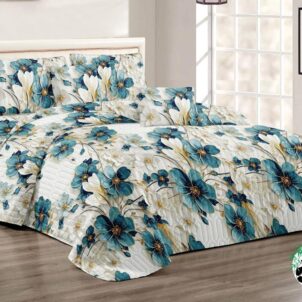 Vibrant five-piece quilt set featuring heavenly blue fabric with a rose garden floral design