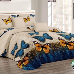 Beige 5-piece quilt set with a charming blue and orange butterfly design, perfect for adding a pop of color to your bedroom. The set includes two standard pillowcases and two continental pillowcases, designed to fit queen to king-sized beds for a cozy and stylish look.