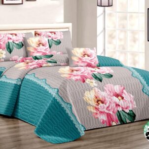 Elegant 5-piece quilt set featuring a delicate floral design centered on a soft grey background, beautifully framed by a vibrant turquoise border. The coordinated set includes a quilt and matching pillowcases that echo the central floral motif and color scheme, creating a fresh, soothing, and stylish look for any bedroom décor.