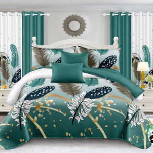 A bedroom with a white bed adorned with a teal and feather-patterned comforter. Matching pillows, curtains, and wall decor create a cohesive look. A small plant and nightstand lamps add accents. A circular mirror hangs above the headboard.