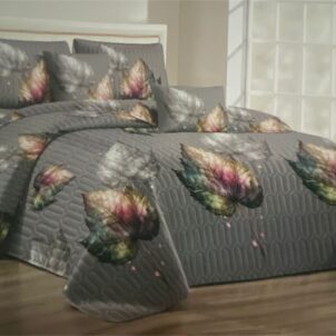 5-piece quilt set featuring a bold grey background adorned with colorful feather designs; includes 2 standard pillowcases and 2 continental pillowcases with matching patterns.