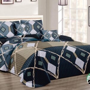 5-piece quilt set with modern grey and blue geometric patterns; includes 2 standard pillowcases and 2 continental pillowcases featuring matching designs.