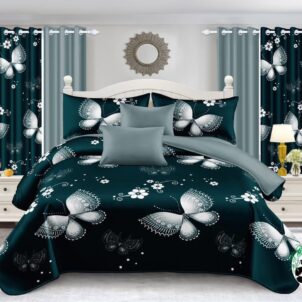 Green quilt bedding set adorned with delicate, colorful butterflies, creating a serene and stylish atmosphere perfect for a calm, elegant bedroom.