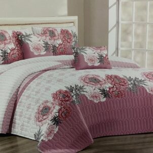 Elegant 5-piece quilt set featuring a delicate floral design centered on a soft grey background, beautifully framed by a vibrant turquoise border. The coordinated set includes a quilt and matching pillowcases that echo the central floral motif and color scheme, creating a fresh, soothing, and stylish look for any bedroom décor.