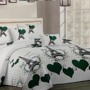A bedroom with a Paris-themed bedding set featuring the Eiffel Tower and green hearts. Matching green and white curtains adorn the windows. The room includes a bed with green pillows, nightstands, and a decorative wall mirror.