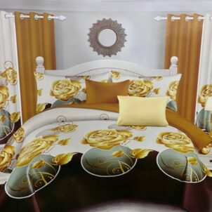 A 7-piece quilt set featuring a prominent rose design in a rich color palette of brown, gold, white, and muted green. The bedspread showcases the floral pattern as a central element, complemented by matching pillow shams, decorative cushions and coordinating curtains, creating a warm, elegant, and cohesive look throughout the bedroom.