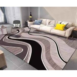 A 2-meter by 1.5-meter carpet featuring swirling lines in shades of pink, black, and brownish-pink, creating a dynamic and fluid design. The bold lines flow seamlessly across the surface, adding a touch of modern elegance to any space.