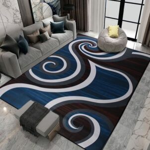A 2-meter by 1.5-meter carpet featuring dynamic swirls in maroon, blue, and white. The swirling design creates a vibrant, fluid pattern that adds depth and energy to any room, blending rich hues for a modern and artistic touch.