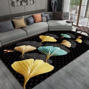 A 2-meter by 1.5-meter carpet featuring Ginkgo Biloba leaves in shades of yellow, blue, and light orange. The vibrant leaves are set against a black background adorned with a subtle small diamond pattern, combining nature-inspired design with geometric elegance for a unique and sophisticated look.