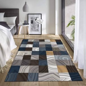 A 2-meter by 1.5-meter carpet featuring a mosaic tile design that resembles agate geode slices. The pattern incorporates rich shades of brown, grey, and blue, with subtle touches of wood brown, creating an earthy, natural aesthetic that mimics the beauty of stone and wood textures.