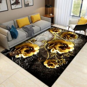 A 2-meter by 1.5-meter carpet featuring elegant gold roses, set against a black and grey background with golden accents. The rich, luxurious color palette creates a sophisticated and timeless design, perfect for adding a touch of opulence to any space.