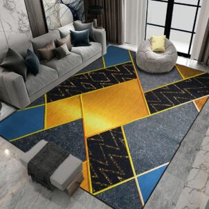 A 2-meter by 1.5-meter carpet featuring a geometric skewed square pattern in yellow, cement grey, blue, and black, interwoven with diamond-shaped color accents. The bold design blends modern geometry with contrasting tones to create a striking visual centerpiece for contemporary interiors.