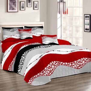A 5-piece quilt set featuring a geometric swirled line pattern in white, accented with subtle touches of red and scattered black spots. The modern design adds movement and visual interest to the bedding, while the color combination offers a bold yet balanced look. The set includes a quilt, matching pillow shams, and decorative cushions for a complete and stylish ensemble.