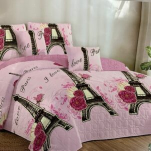 A 5-piece quilt set featuring a romantic design with illustrations of the Eiffel Tower and rose patterns, along with the words 'Paris' and 'Love' printed throughout. Set against a light bold pink background, this set adds a charming and whimsical Parisian flair to any bedroom. Includes a quilt, matching pillow shams, and decorative cushions for a coordinated and stylish look.