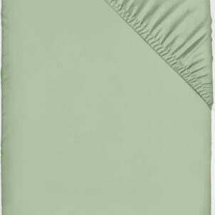 An sage fitted sheet is shown spread out. One corner is folded back to display the gathered elastic edging. The material appears smooth and tightly woven, emphasizing its texture and rich, vibrant color.