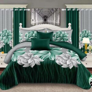7-piece quilt set featuring a silver and green floral design, including two standard pillowcases and two continental pillowcases. The set also includes two 140cm x 218cm curtains and a matching quilt, adding an elegant and coordinated look to your bedroom with a touch of floral charm.
