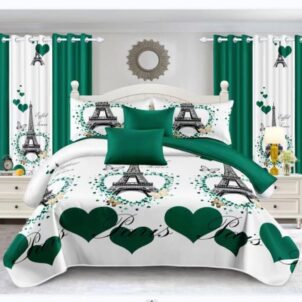 A bedroom with a Paris-themed bedding set featuring the Eiffel Tower and green hearts. Matching green and white curtains adorn the windows. The room includes a bed with green pillows, nightstands, and a decorative wall mirror.