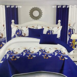 A 7-piece quilt set featuring a delicate floral design in white, blue, and yellow, bringing a fresh and airy feel to the bedroom. The set includes a quilt, matching pillow shams, decorative cushions, a bed skirt, and soft white curtains that elegantly frame the bed, creating a bright and cohesive look perfect for a light, welcoming space.