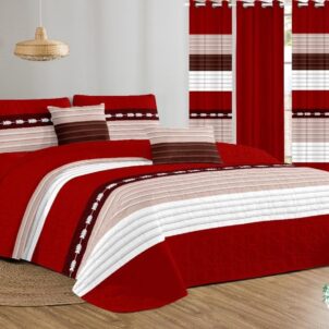 Bold color-blocked modern quilt set featuring crisp white, warm stone, and deep rusty red panels. Clean geometric lines and contrasting tones create a contemporary, stylish look for the bed.