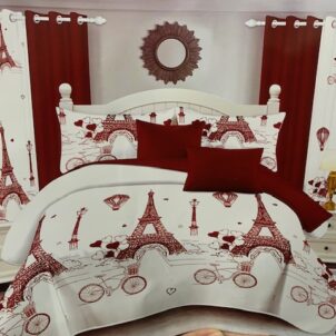 A 7-piece quilt set featuring a charming Parisian-themed design with illustrations of the Eiffel Tower, bicycles, hearts, and streetlights in a red and white color scheme. The set includes a quilt, matching pillow shams, decorative cushions and coordinating curtains, creating a romantic and cohesive look perfect for adding a touch of Paris-inspired elegance to any bedroom.