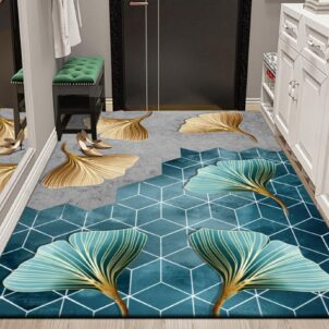 2.m x 1.5m 3D non-slip carpet in a living room, featuring an elegant design of ginkgo leaves in gold, blue, and white, adding depth, texture, and a touch of nature-inspired sophistication to the space