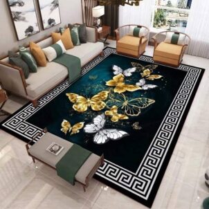 2m x 1.5m 3D non-slip carpet in a living room, featuring elegant gold and white butterflies on a deep blue and blackish background, accented with a classic white and black meander pattern for a luxurious and artistic look.