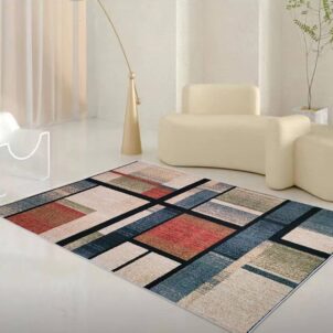 A 2-meter by 1.5-meter carpet with a washed-out design in cream, soft blue, and a muted watermelon-like pink hue.