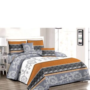 Five-piece quilt set featuring a modern geometric line pattern in orange, grey, and white tones. Includes a quilt and matching accessories with a clean, contemporary design ideal for adding warmth and style to any bedroom.
