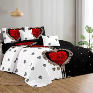 Elegant 5-piece quilt set featuring bold red roses arranged in heart shapes, set against a striking half white, half black background for a dramatic contrast. The set includes a beautifully coordinated quilt and matching pillowcases, all showcasing the romantic rose heart design for a cohesive and eye-catching bedroom statement.