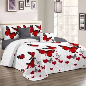 Luxurious 5-piece quilt set adorned with vibrant red butterflies and shimmering gold accents, creating a lively and elegant pattern. Small grey butterflies are delicately scattered across a bold white background, adding depth and sophistication. The set includes a coordinating quilt and matching pillowcases that echo the same beautiful butterfly motif, bringing a cohesive and stylish touch to any bedroom décor