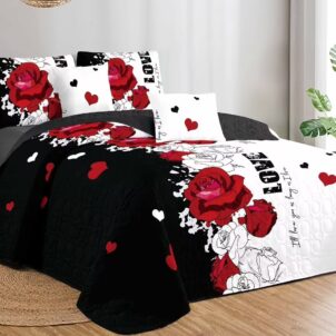 Romantic 5-piece quilt set showcasing vibrant red roses elegantly arranged on a bold half-black, half-white background. The design features the word 'LOVE' boldly displayed across the quilt, adding a heartfelt and modern touch. Includes a matching quilt and pillowcases that mirror the striking rose and typography motif, perfect for adding passion and style to any bedroom décor.