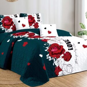 Romantic 5-piece quilt set showcasing vibrant red roses elegantly arranged on a bold half-emerald green, half-white background. The design features the word 'LOVE' boldly displayed across the quilt, adding a heartfelt and modern touch. Includes a matching quilt and pillowcases that mirror the striking rose and typography motif, perfect for adding passion and style to any bedroom décor.