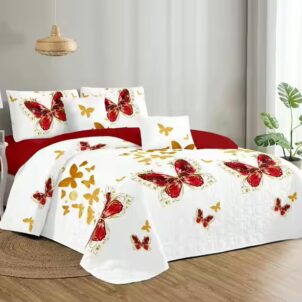 Luxurious 5-piece quilt set adorned with vibrant red butterflies and shimmering gold accents, creating a lively and elegant pattern. Small gold butterflies are delicately scattered across a bold white background, adding depth and sophistication. The set includes a coordinating quilt and matching pillowcases that echo the same beautiful butterfly motif, bringing a cohesive and stylish touch to any bedroom décor.