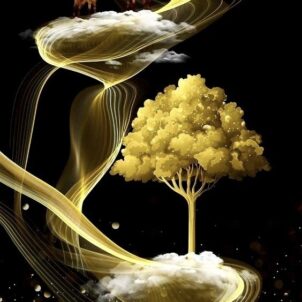 Artistic carpet with a painting-like design in gold, featuring a bold tree and soft clouds set against a black background.
