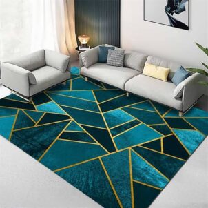 Modern green carpet featuring black and green triangular patterns outlined in gold.