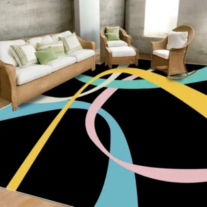 Bold statement carpet with a black background, creating a dramatic effect, highlighted by yellow and pink pops of colour.