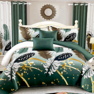 Soft white quilt decorated with a scattered pattern of white and black feathers for a light, airy look