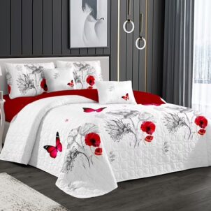 A 5-piece quilt set featuring a floral and butterfly design with striking white and red poppies, soft grey floral outlines, and vivid red butterflies. This elegant blend of colors and nature-inspired motifs adds a vibrant yet graceful touch to any bedroom. The set includes a quilt, matching pillow shams, and decorative cushions for a coordinated and stylish look.