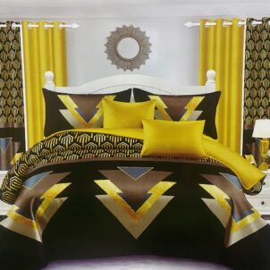 A 7-piece quilt set featuring a geometric design in black, brown, and gold/yellow tones, arranged in a striped, embroidered zigzag pattern. The bold, textured design adds depth and sophistication to the bedding. The set includes a quilt, matching pillow shams, decorative cushions, and coordinating curtains, creating a cohesive and stylish bedroom ensemble.