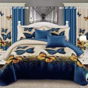 Seven-piece quilt set available for king and queen sizes , including a quilt, two standard pillowcases, two continental pillowcases, and two 140x218 cm curtains, with a cream background and a blue and yellow butterfly design, all designed to create a coordinated and stylish bedroom look.