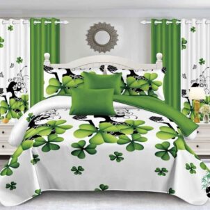 Seven-piece quilt set available for king and queen sizes, including a quilt, two standard pillowcases, two continental pillowcases, and two 140x218 cm curtains, with a white background and a green clover design, all designed to create a coordinated and stylish bedroom look.