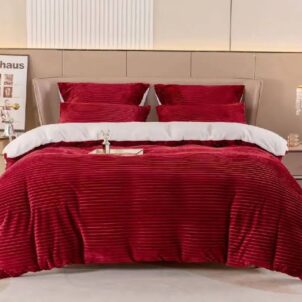 Soft burgundy striped 5-piece Sherpa comforter set, available in Queen and King sizes, featuring a plush fleece lining, one comforter, two matching continental pillowcases, and two standard pillowcases for a complete, cozy bedroom look.