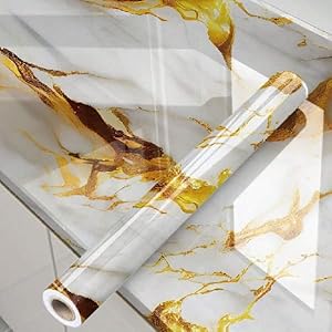 Roll of marble wallpaper measuring 1.2 by 3 meters, featuring a sleek white marble design with subtle gold veining and splashes of gold for a modern, elegant look."