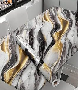 Roll of marble wallpaper measuring 1.2 by 3 meters, featuring a sleek white & black marble design with subtle gold veining and splashes of grey for a modern, elegant look."
