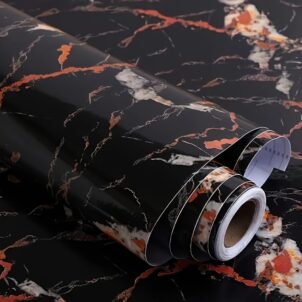 Roll of marble wallpaper measuring 1.2 by 3 meters, featuring a sleek black marble design with subtle pink veining and splashes of pink for a modern, elegant look.