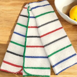 Set of three printed terry swab dishcloths designed for everyday kitchen use, each cloth measuring 300mm by 300mm. Made from soft, absorbent terry fabric ideal for wiping surfaces, drying dishes, and general cleaning tasks. Features colorful printed patterns to add a touch of style to your kitchen chores.