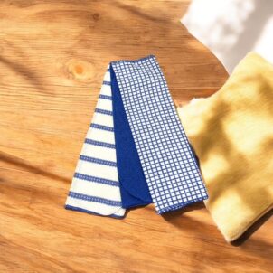 Set of three smart printed swab dishcloths in blue, each measuring 350mm by 350mm, ideal for kitchen cleaning. Made from soft, absorbent material with stylish printed designs, perfect for wiping surfaces, drying dishes, and adding a fresh, coordinated look to your kitchen.